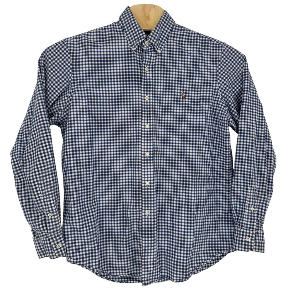 Ralph Lauren Men's Large Button Down Checkered Blue/White Long Sleeve Cotton‎